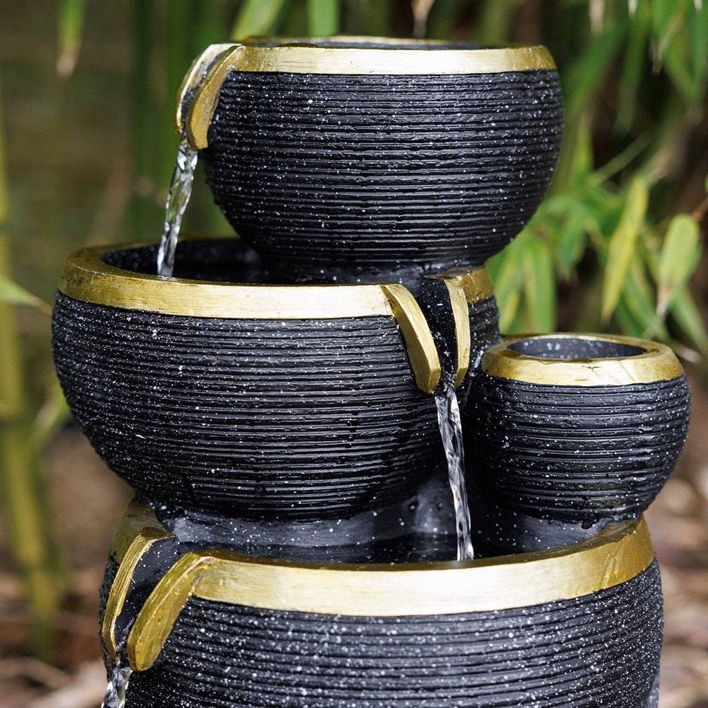 Gold Edge Stacked Bowls Solar 3-Tier Cascade Water Feature With LED Lights