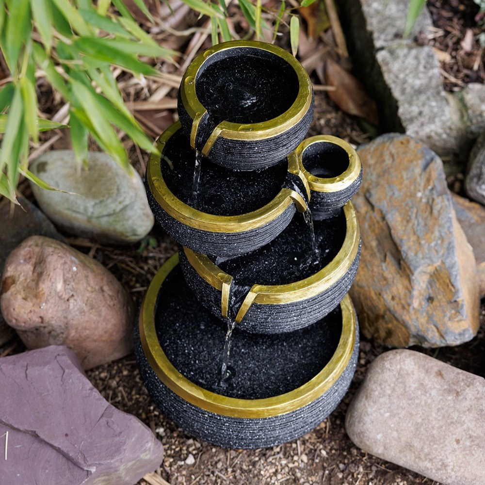 Gold Edge Stacked Bowls Solar 3-Tier Cascade Water Feature With LED Lights