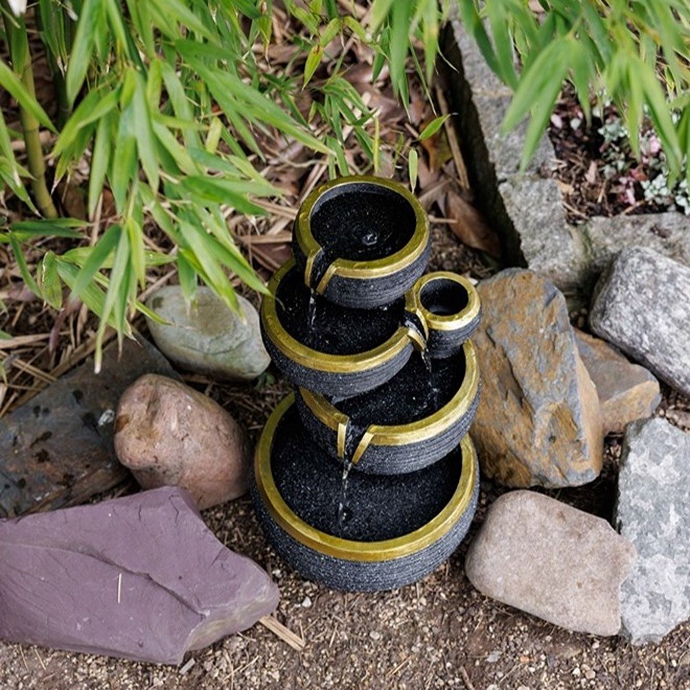 Gold Edge Stacked Bowls Solar 3-Tier Cascade Water Feature With LED Lights