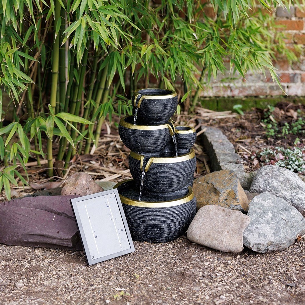 Gold Edge Stacked Bowls Solar 3-Tier Cascade Water Feature With LED Lights