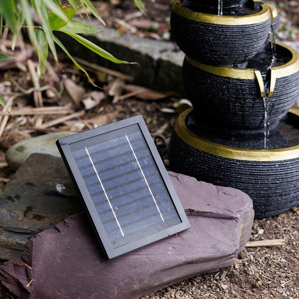 Gold Edge Stacked Bowls Solar 3-Tier Cascade Water Feature With LED Lights