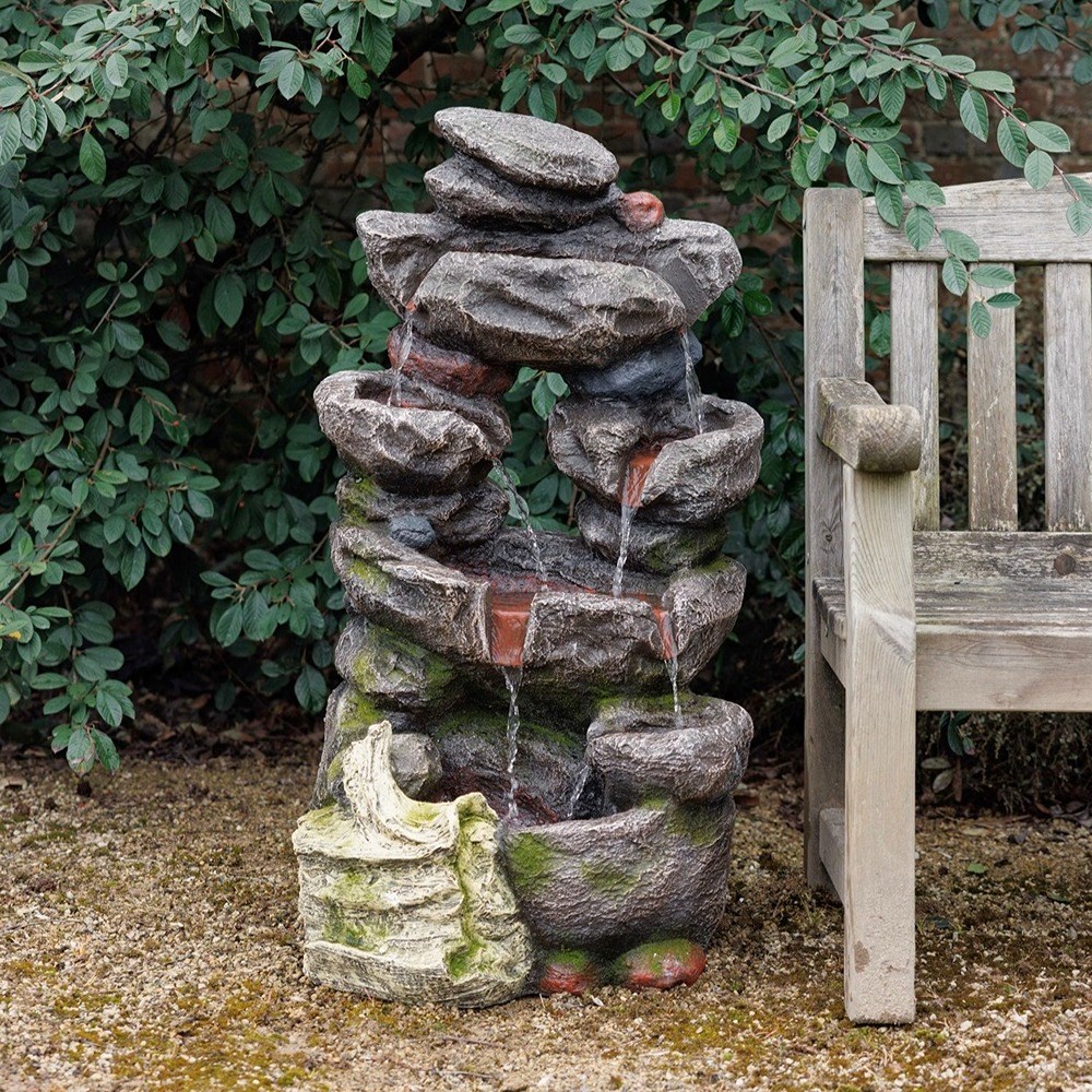 Weathered Rock Solar 5-Tier Cascade Water Feature With LED Lights