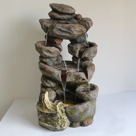 Weathered Rock Solar 5-Tier Cascade Water Feature With LED Lights