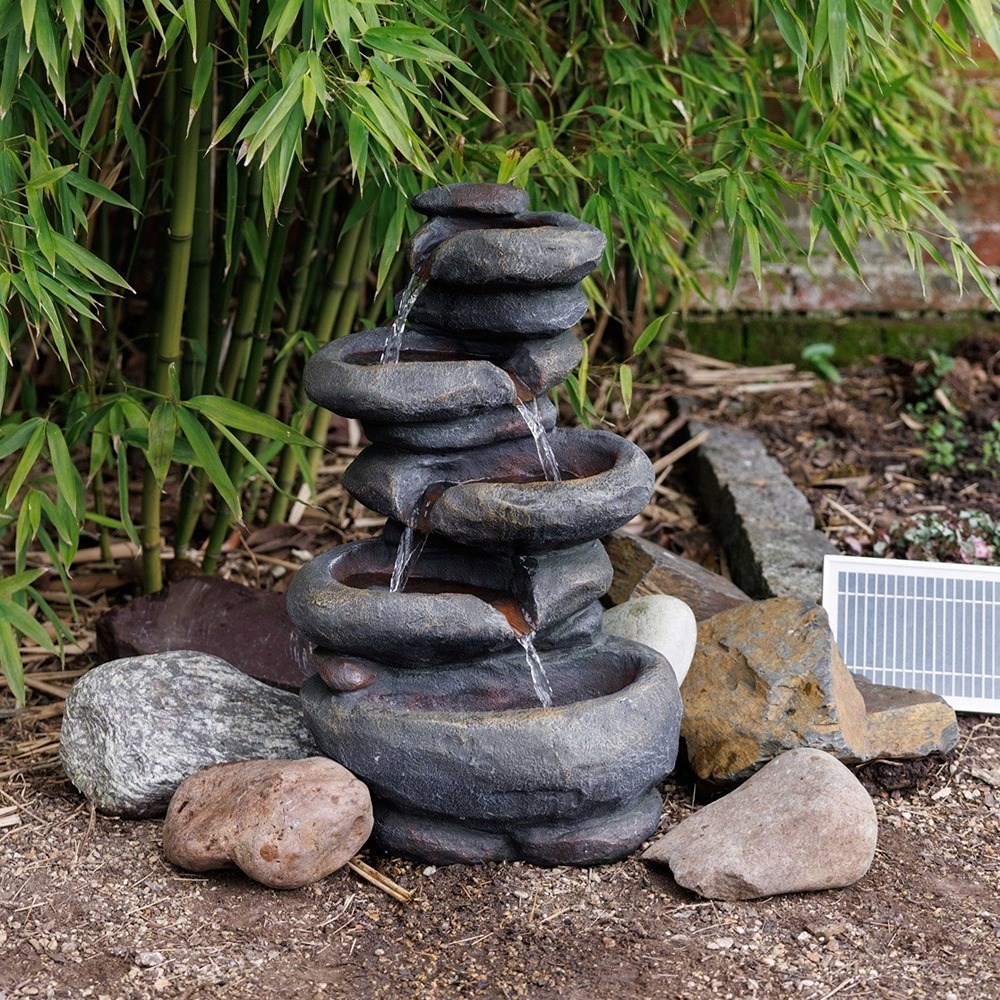 Stacked Boulder Solar 4-Tier Cascade Water Feature With LED Lights