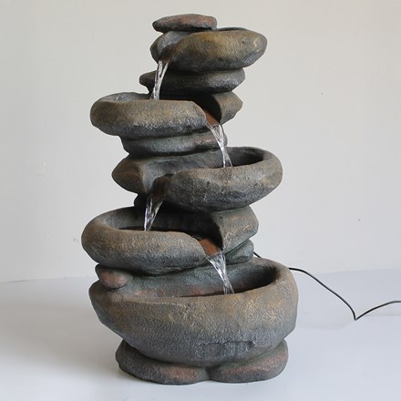 Stacked Boulder Solar 4-Tier Cascade Water Feature With LED Lights