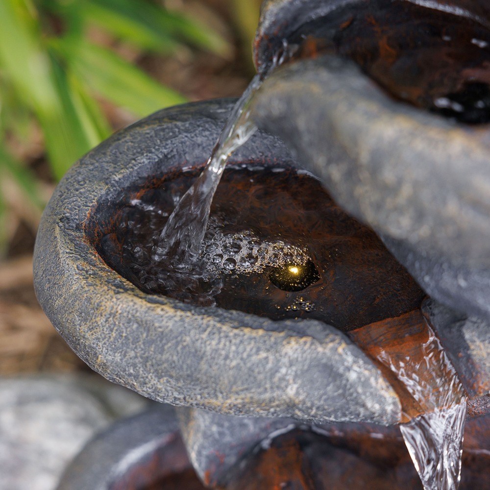 Stacked Boulder Solar 4-Tier Cascade Water Feature With LED Lights