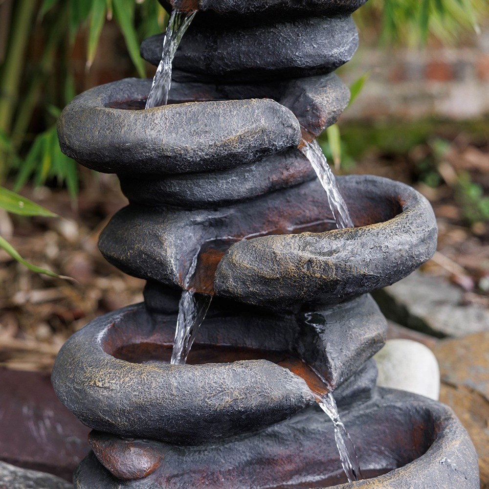 Stacked Boulder Solar 4-Tier Cascade Water Feature With LED Lights