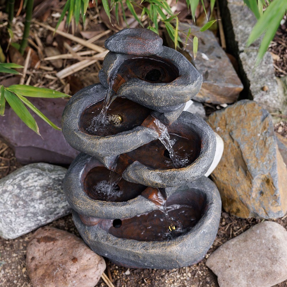 Stacked Boulder Solar 4-Tier Cascade Water Feature With LED Lights
