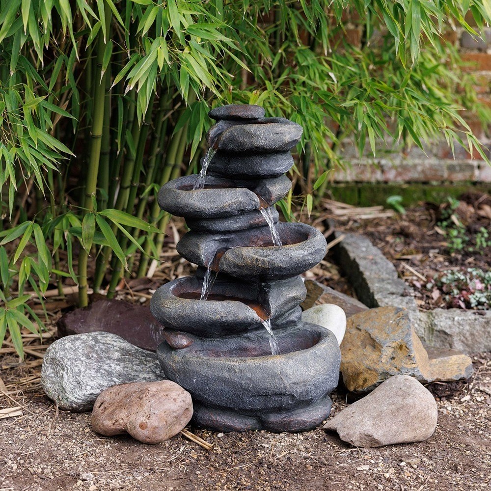 Stacked Boulder Solar 4-Tier Cascade Water Feature With LED Lights