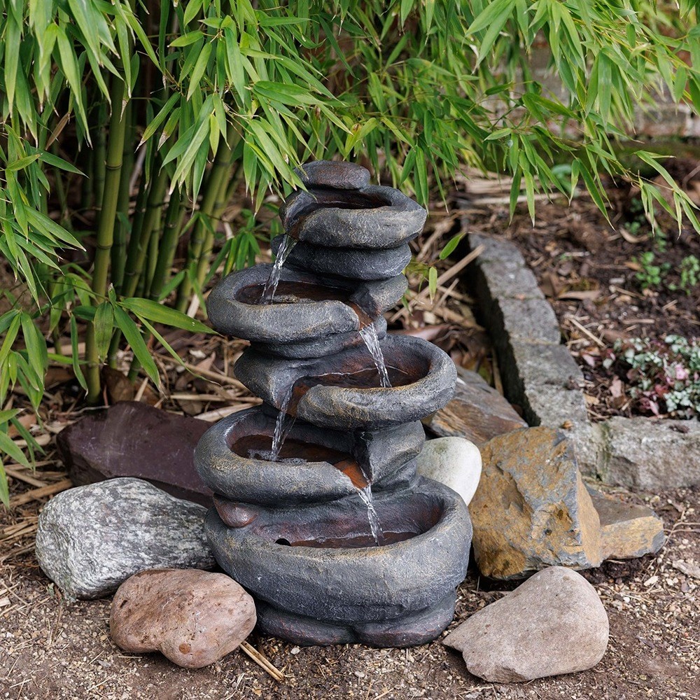 Stacked Boulder Solar 4-Tier Cascade Water Feature With LED Lights