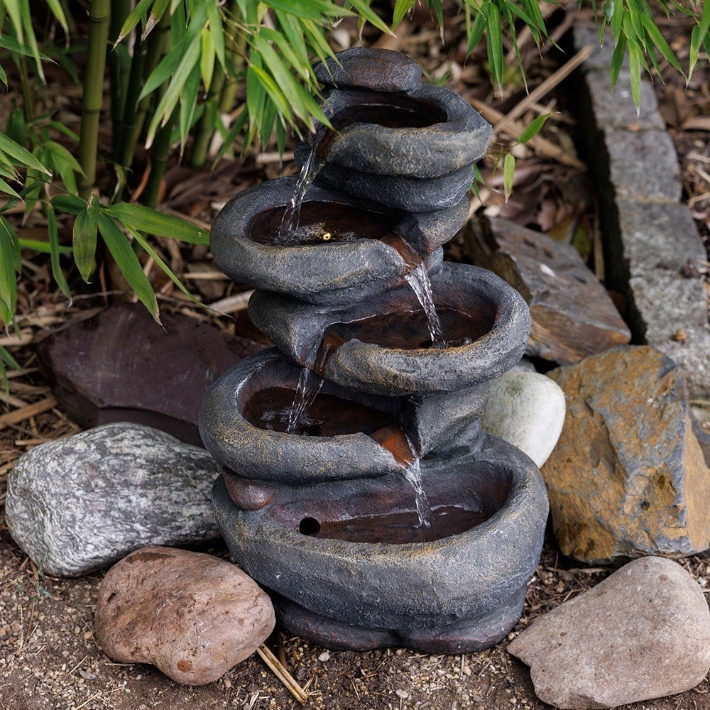 Stacked Boulder Solar 4-Tier Cascade Water Feature With LED Lights