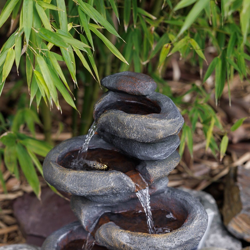 Stacked Boulder Solar 4-Tier Cascade Water Feature With LED Lights