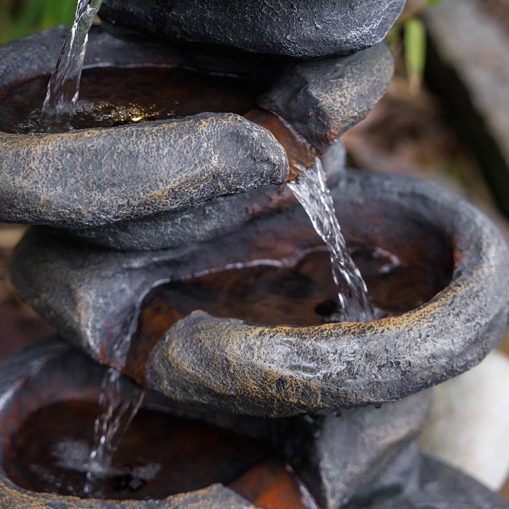 Stacked Boulder Solar 4-Tier Cascade Water Feature With LED Lights