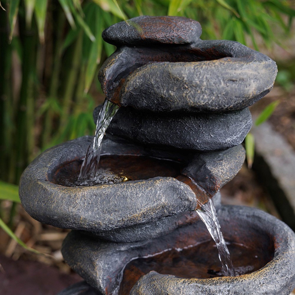 Stacked Boulder Solar 4-Tier Cascade Water Feature With LED Lights