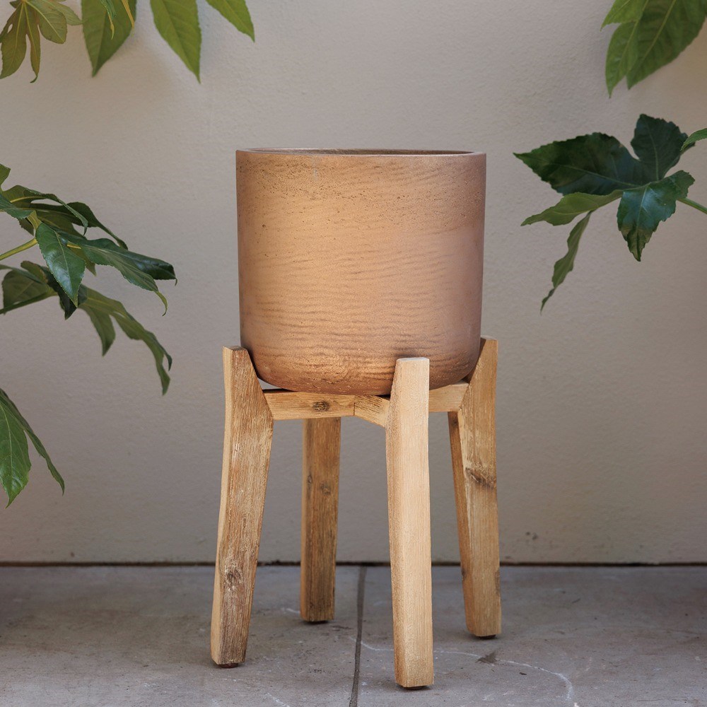 Metallic Bronze Concrete Round Indoor Planter With Wooden Stand