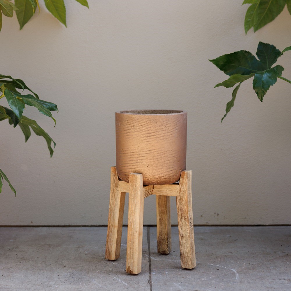 Metallic Bronze Concrete Round Indoor Planter With Wooden Stand