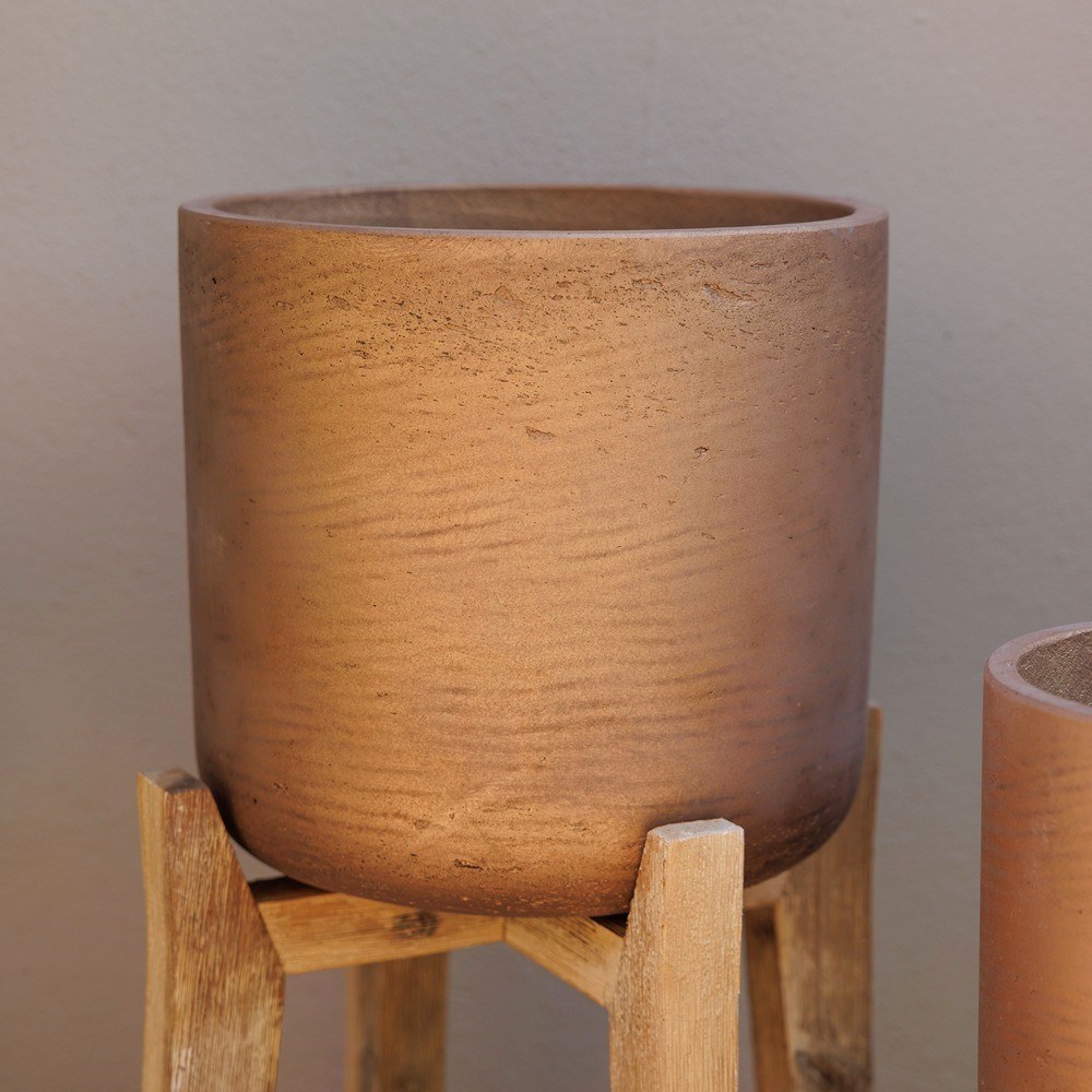Metallic Bronze Concrete Round Indoor Planter With Wooden Stand