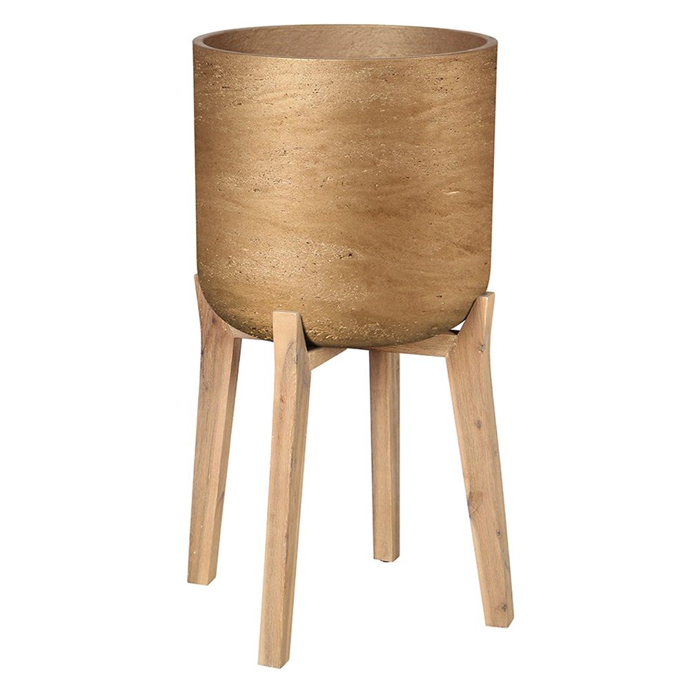 Metallic Bronze Concrete Round Indoor Planter With Wooden Stand