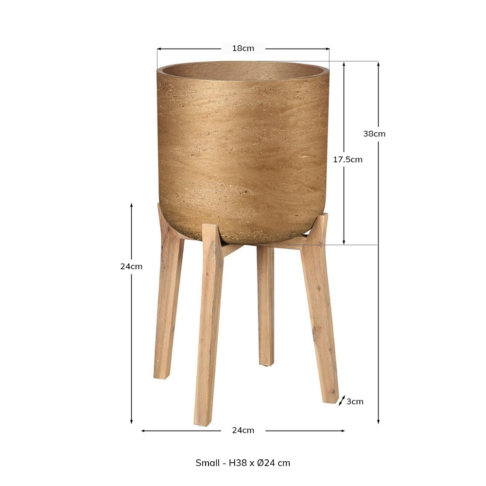 Metallic Bronze Concrete Round Indoor Planter With Wooden Stand