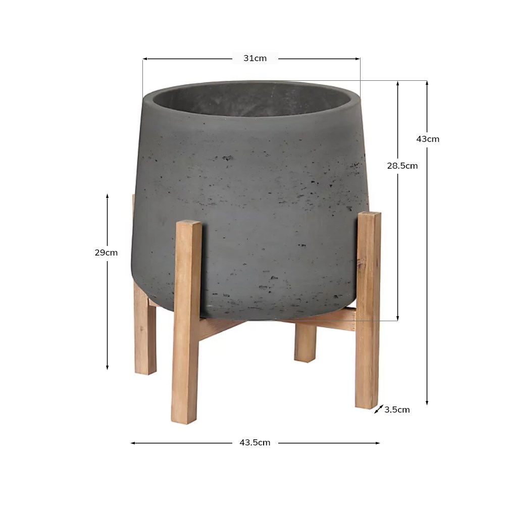 Textured Concrete Round Indoor Planter With Wooden Stand