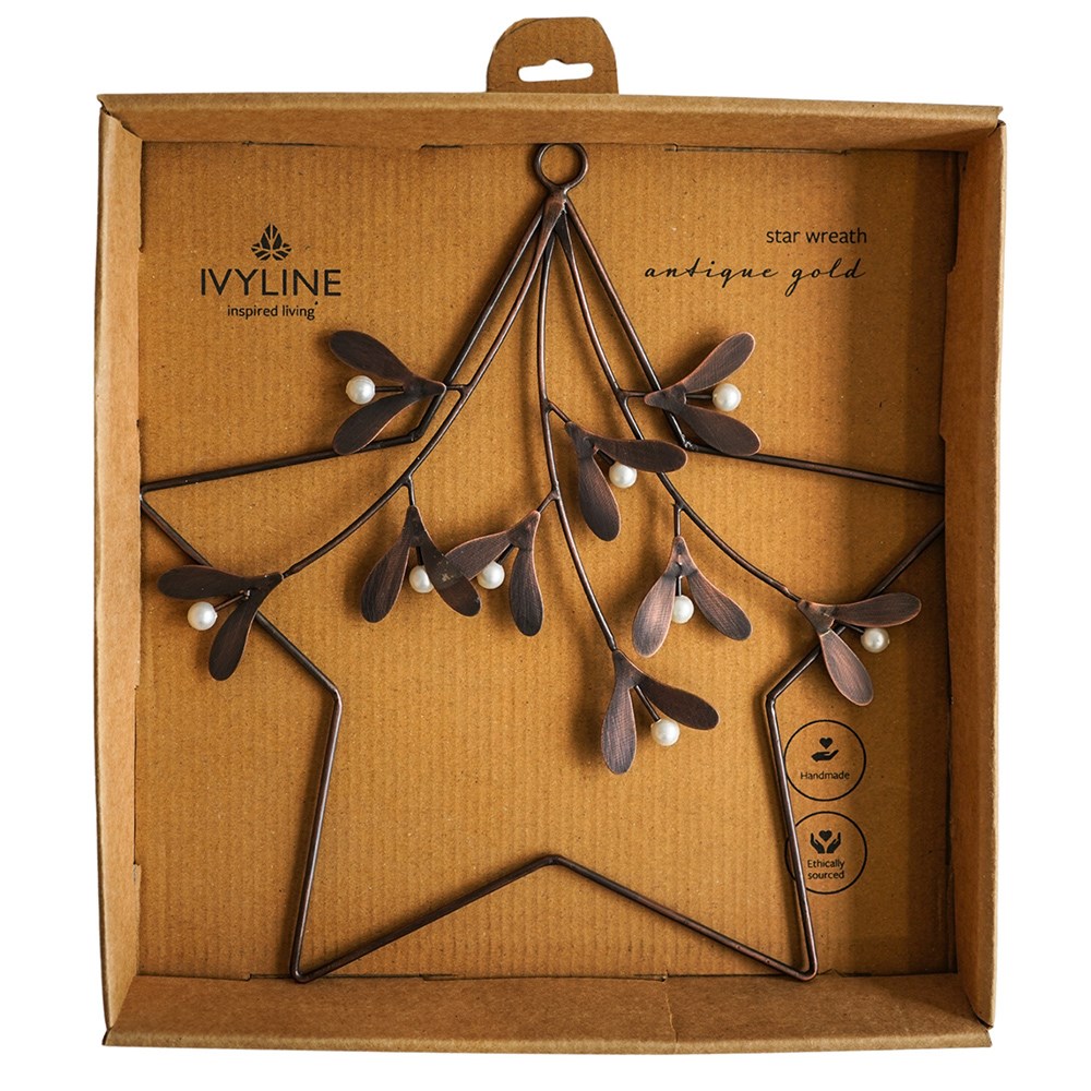 Mistletoe Star Christmas Wreath | Metal | Antique Gold | 30cm