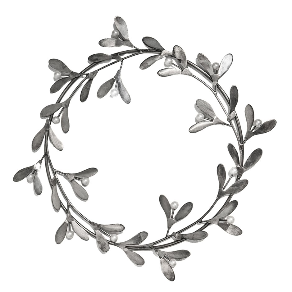 Mistletoe Round Christmas Wreath | Metal | Antique Silver | 30cm