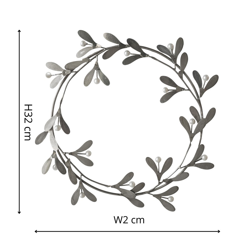 Mistletoe Round Christmas Wreath | Metal | Antique Silver | 30cm