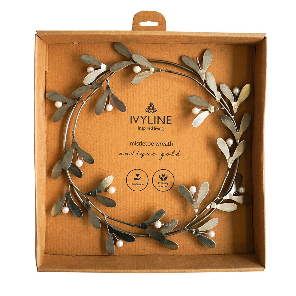 Mistletoe Round Christmas Wreath | Metal | Antique Gold | 30cm