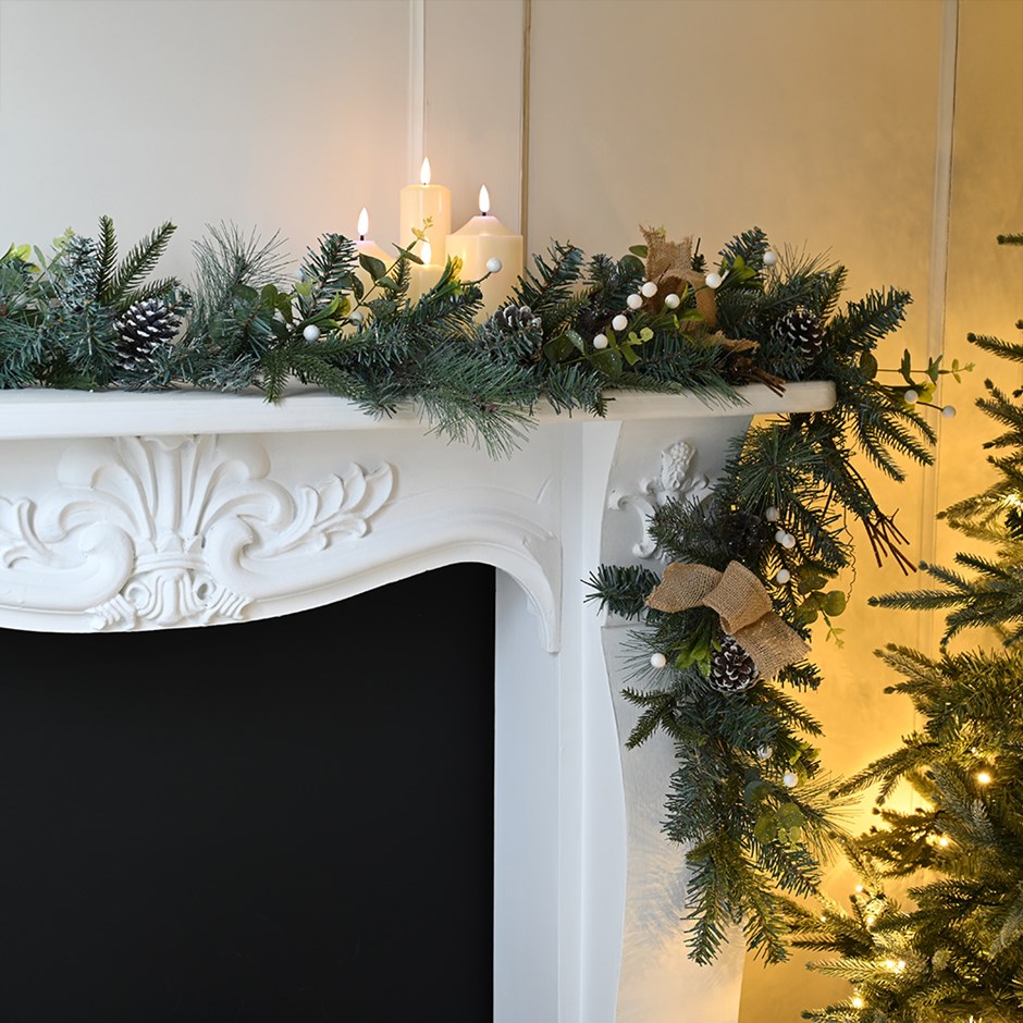 180cm Green Garland with White Berries and Hessian Bows | Christmas