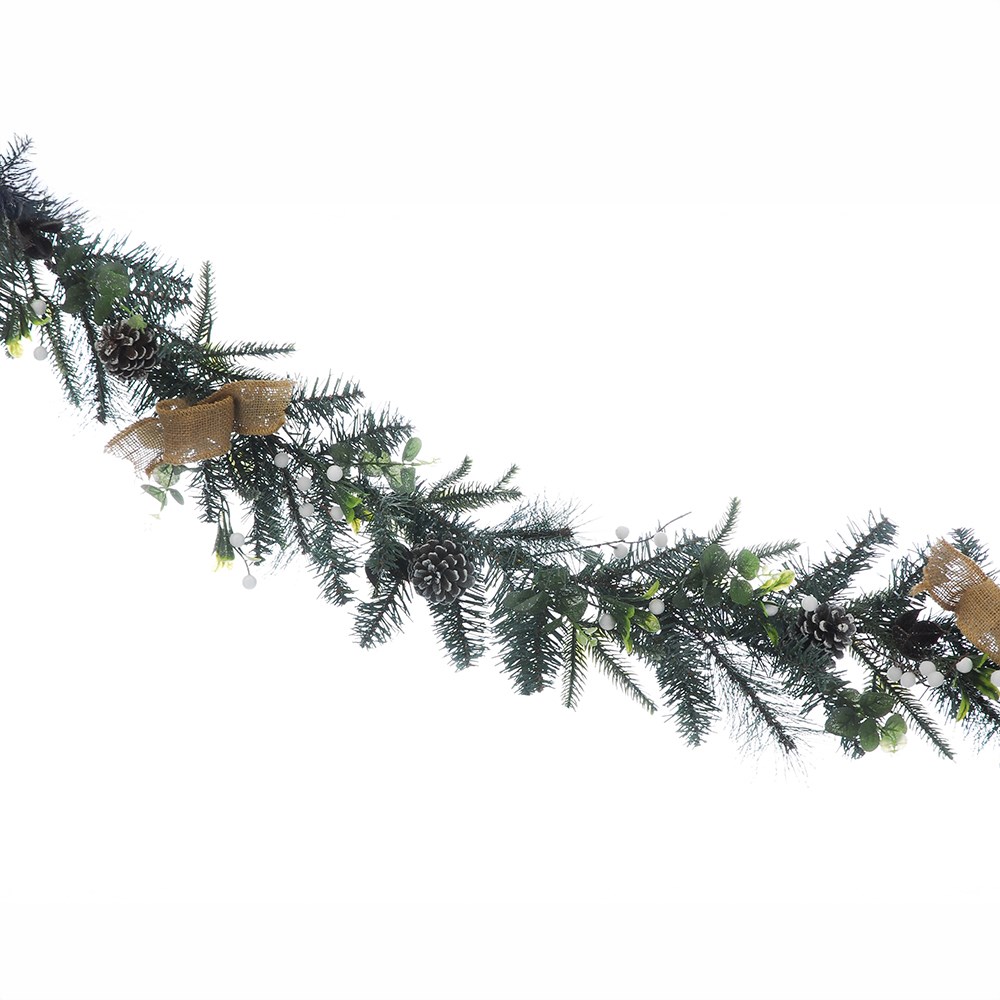180cm Green Garland with White Berries and Hessian Bows | Christmas