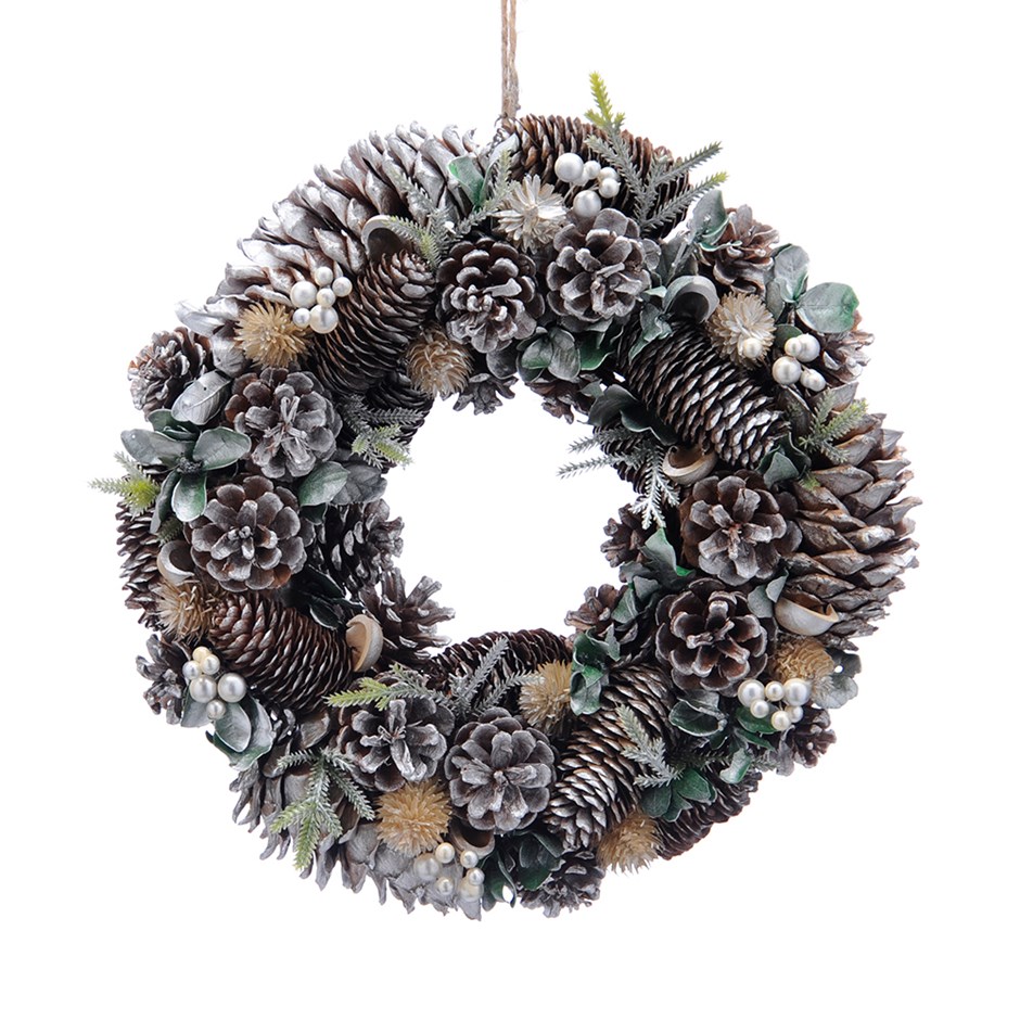 Gold and Sage Green Christmas Wreath with Pinecone Foliage