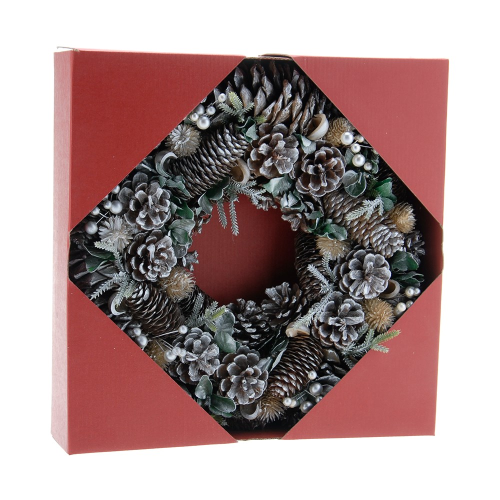 Gold and Sage Green Christmas Wreath with Pinecone Foliage