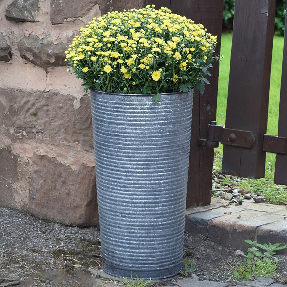 Ribbed Galvanised Metal Tall Round Planter