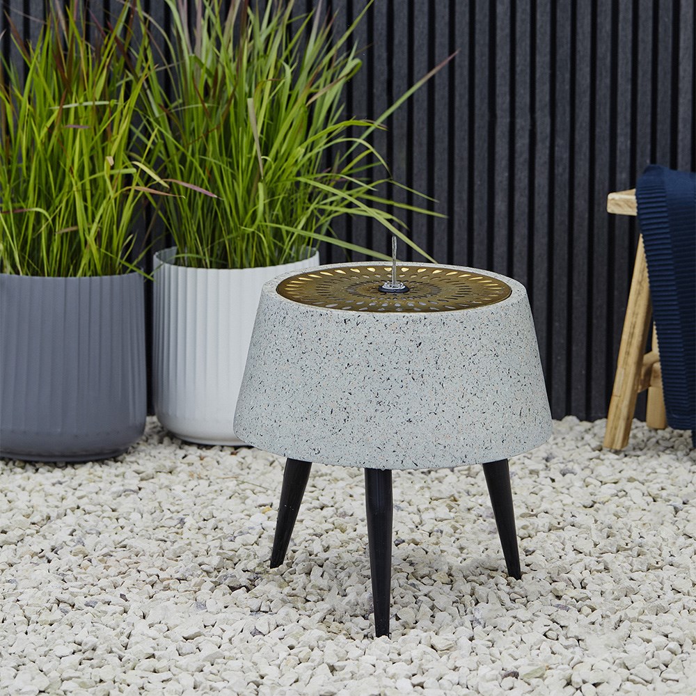Solis Water Feature on Stand with Light Display in Terrazzo & Brass | H47cms