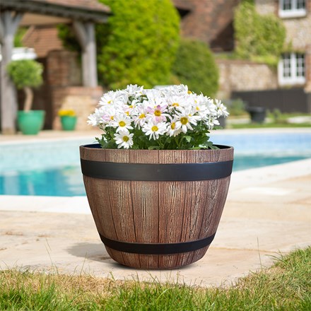 Pair of Barrel Plastic Planters | Medium Oak
