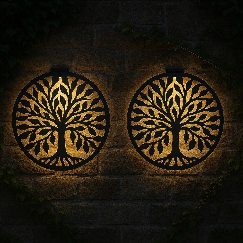 Pair Of Solar Wall Art Decor | Tree Of Life Design | H40cms x W40cms