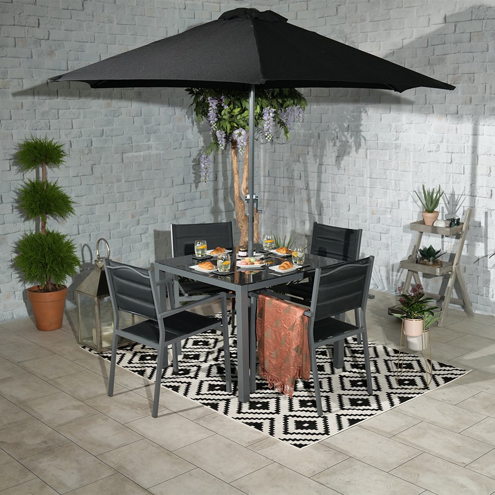 Sorrento Garden Dining Set With Parasol | 4 Seater | Aluminium & Textylene