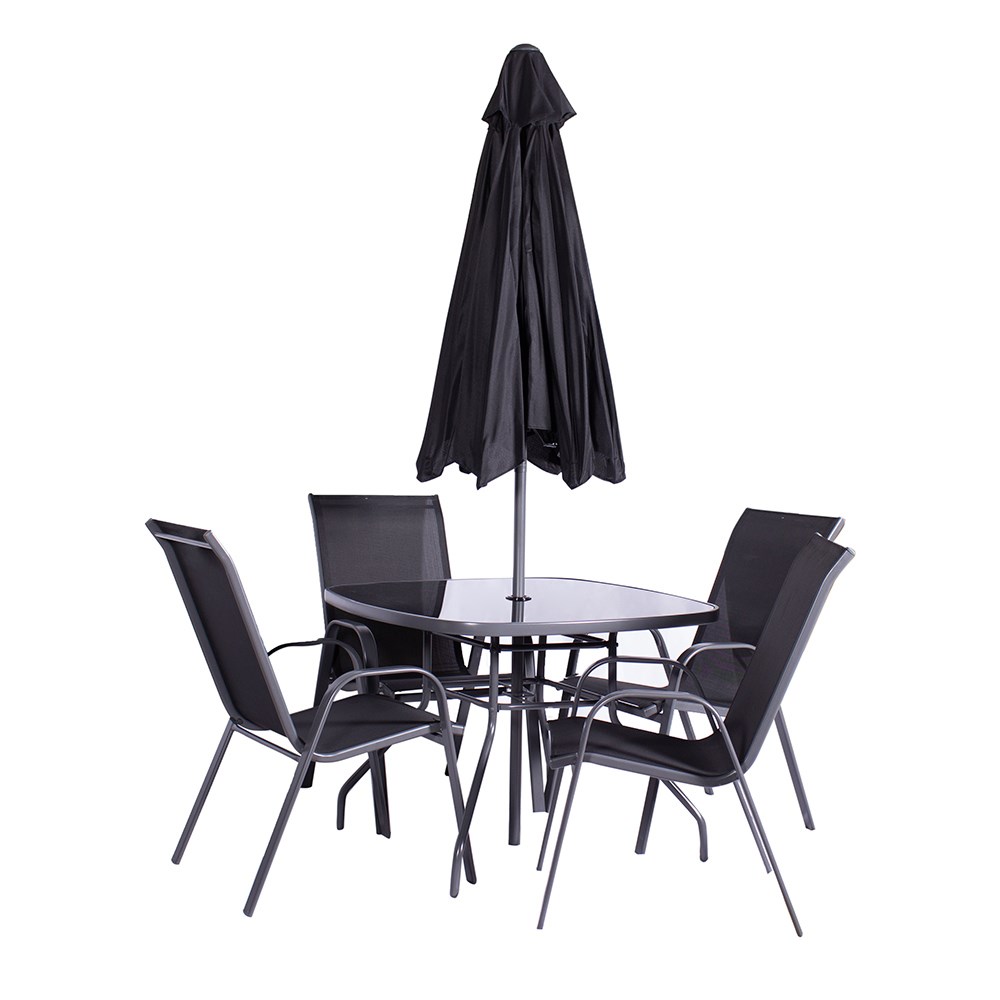 Rio Garden Set With Stacking Armchairs & Parasol | 4 Seater | Textylene 