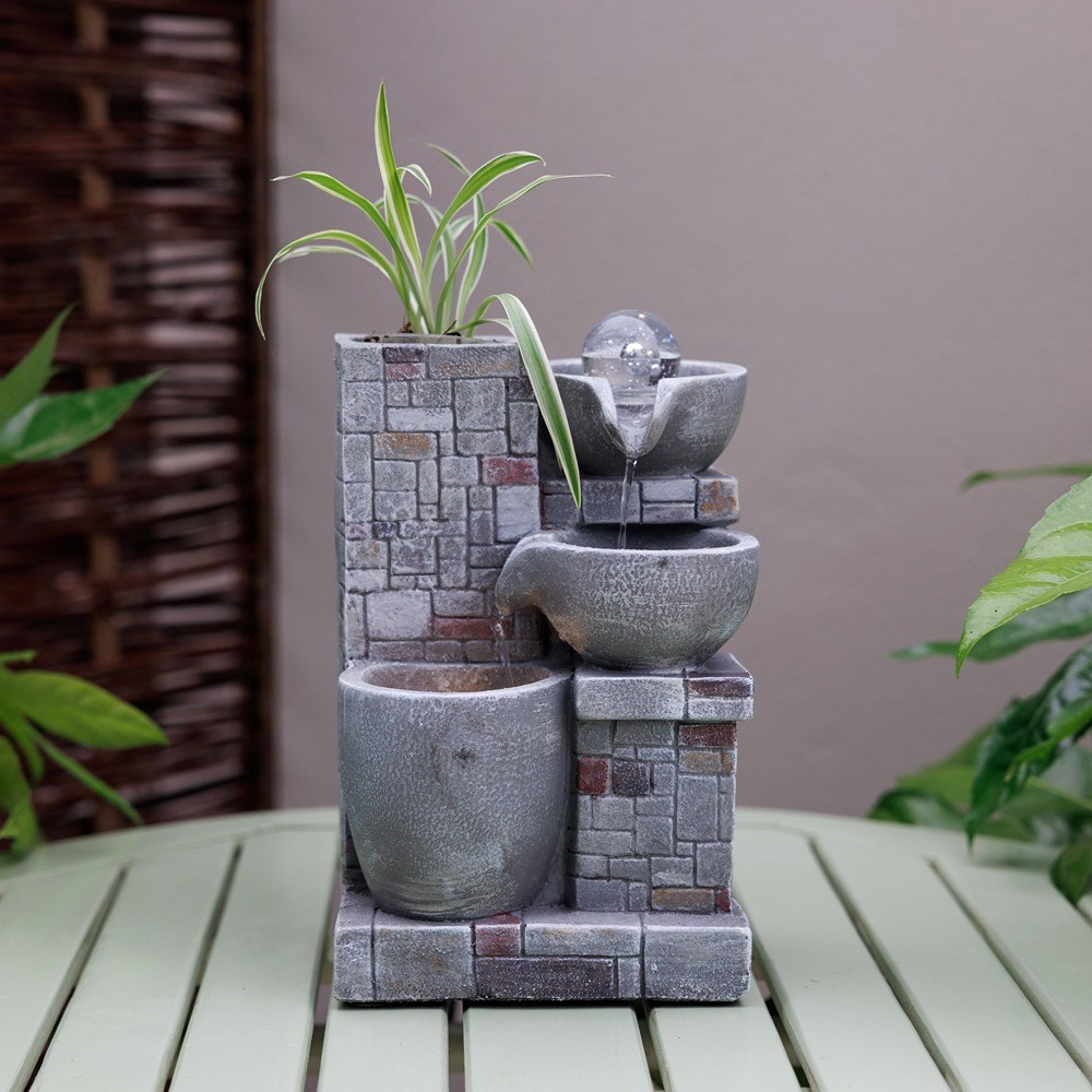 Rustic Cascading Bowls Tabletop Water Feature With Sphere & LED Lights