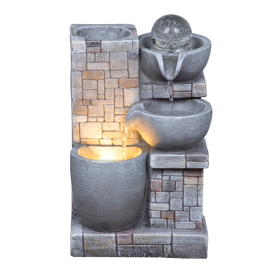 Cascading bowls table top with floating ball water feature with lights