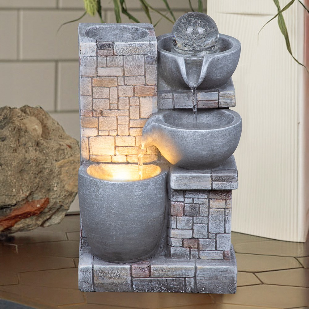 Cascading bowls table top with floating ball water feature with lights