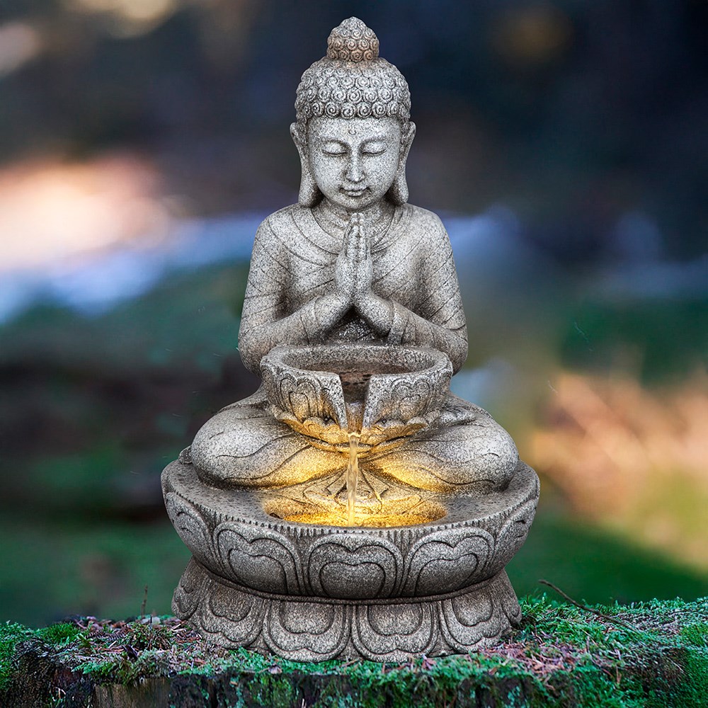 Sitting buddha table top water feature with lights