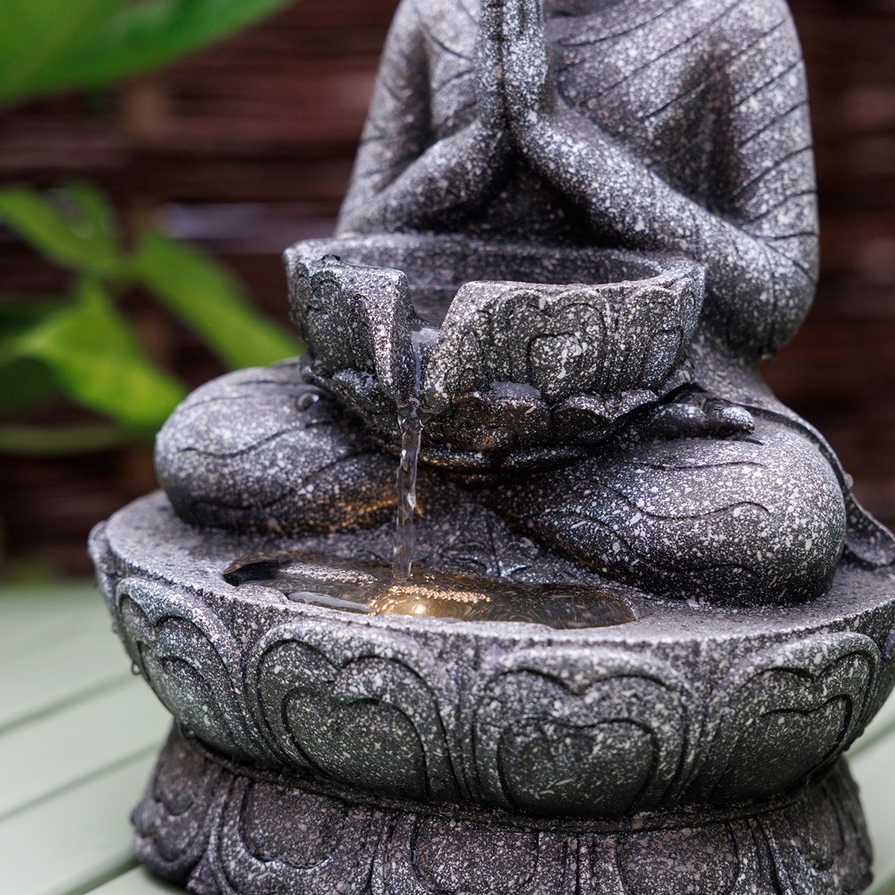 Praying Buddha Tabletop Water Feature With LED Lights
