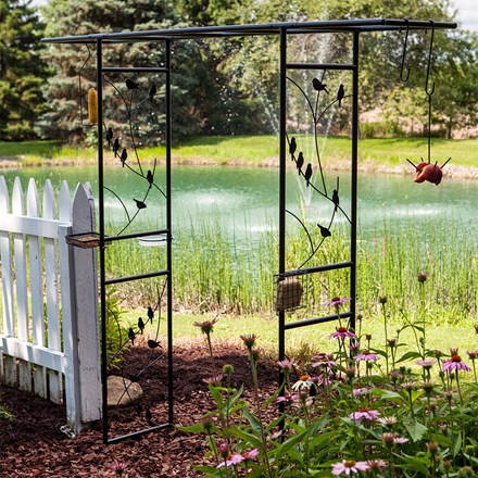 Perching Birds Black Metal Arch Bird Feeding Station
