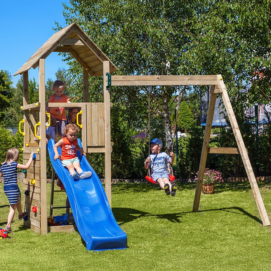 Adventure Peaks Wooden Fortress Climbing Frame with Single Swing & Slide