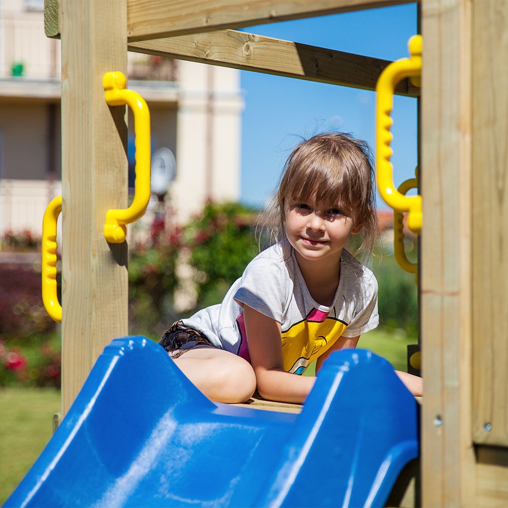 Adventure Peaks Wooden Fortress Climbing Frame with Single Swing & Slide