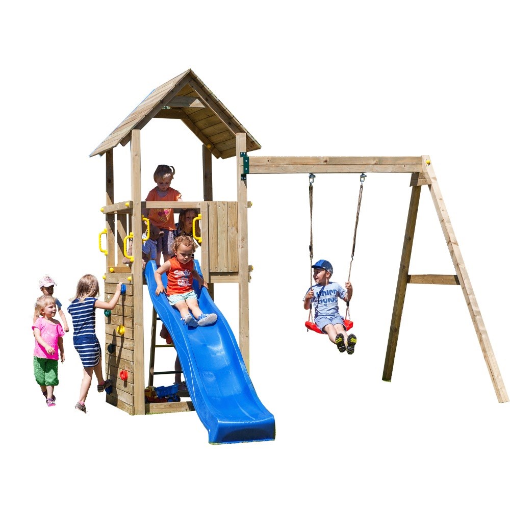 Adventure Peaks Wooden Fortress Climbing Frame with Single Swing & Slide