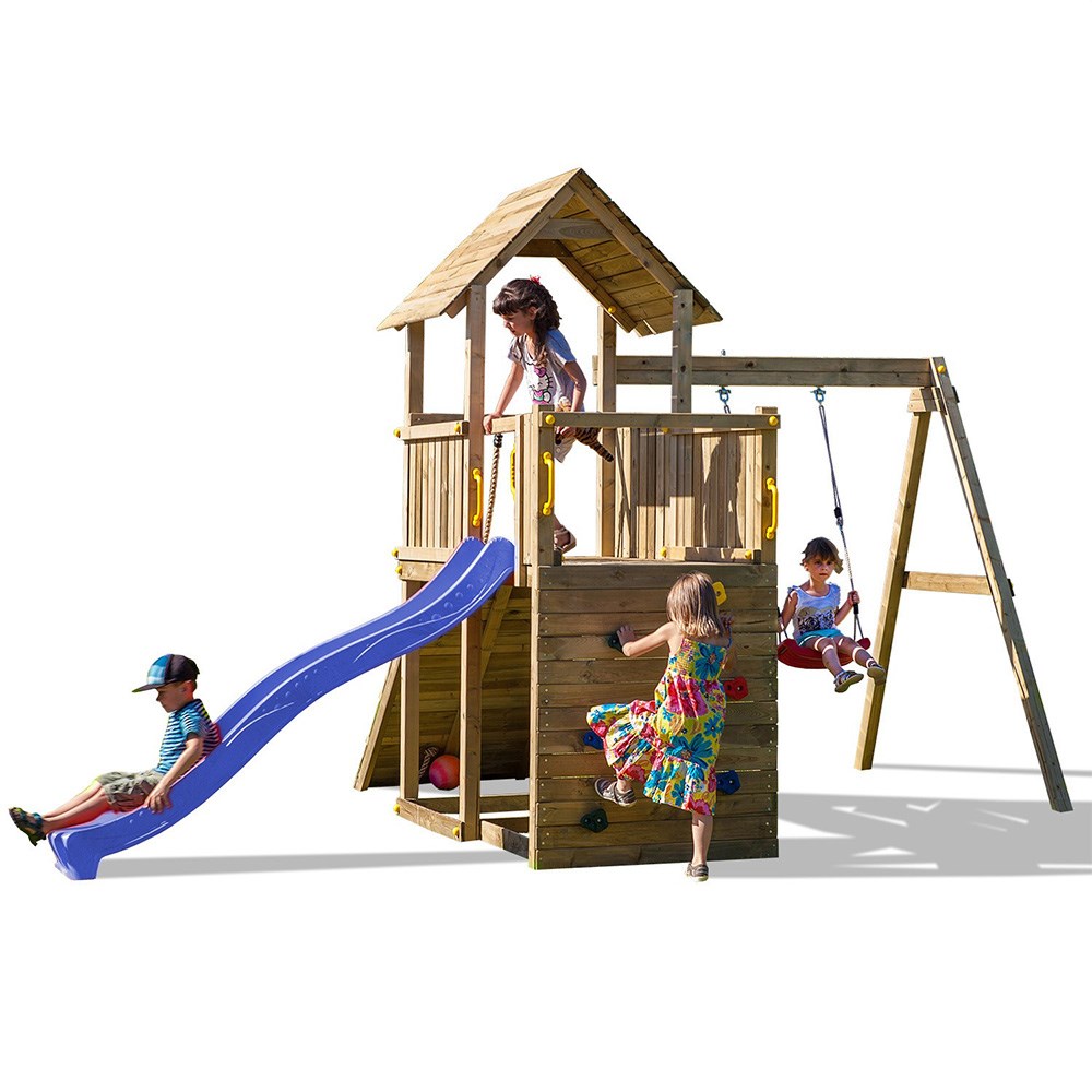 Adventure Peaks Wooden Fortress Climbing Frame with Single Swing & Slide