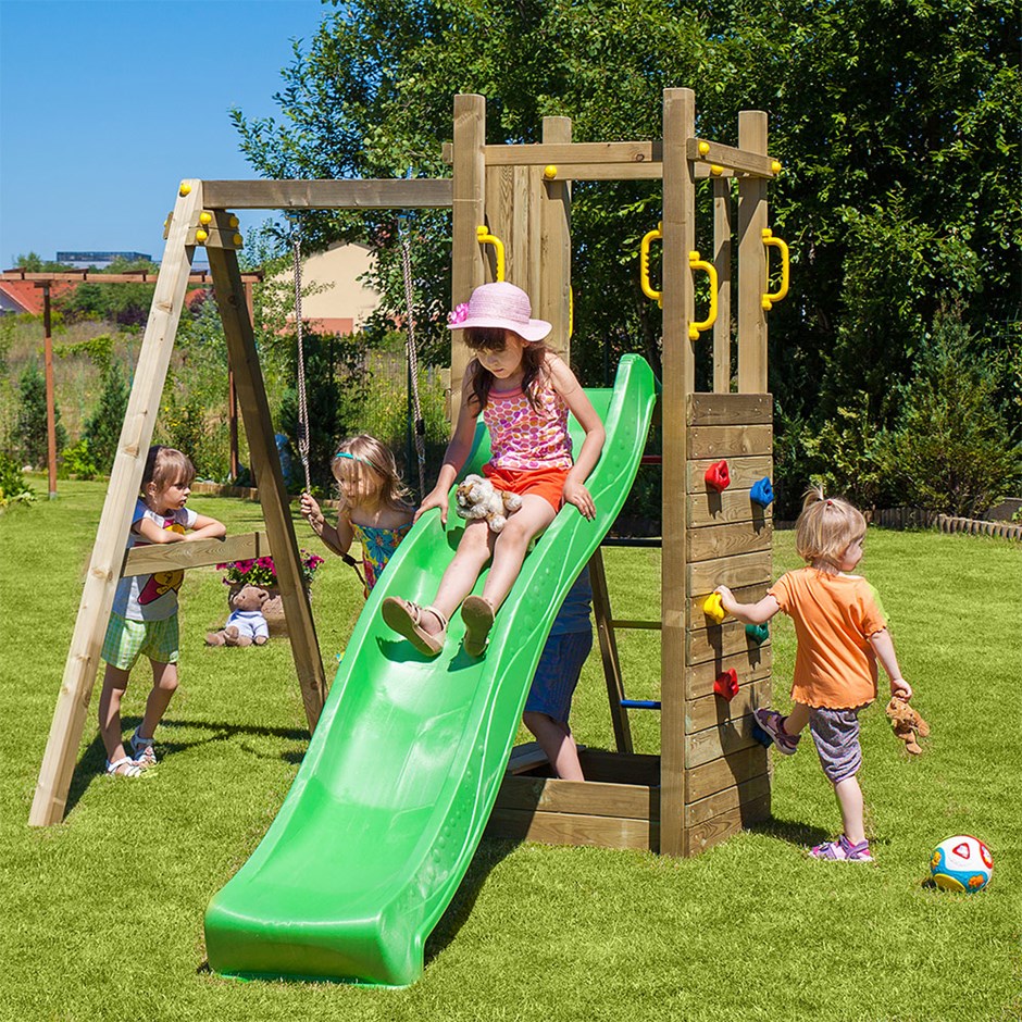 Rumble Ridge Wooden Rock Wall Climbing Frame with Single Swing & Slide