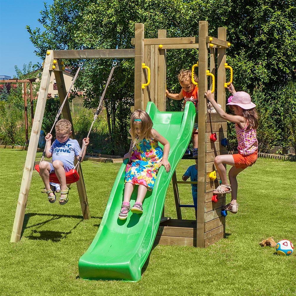 Rumble Ridge Wooden Rock Wall Climbing Frame with Single Swing & Slide